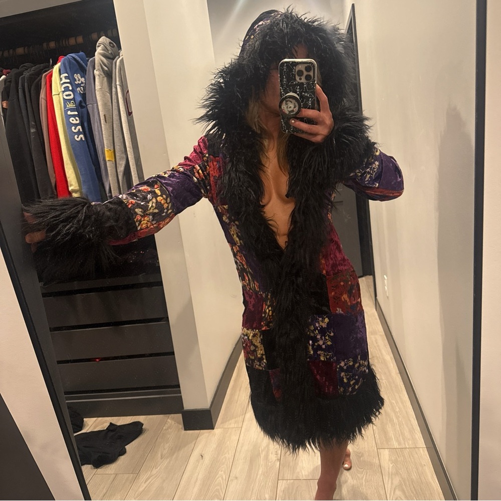 Colorful Goth Velvet Velour Patchwork Coat with Black Faux Fur Trim